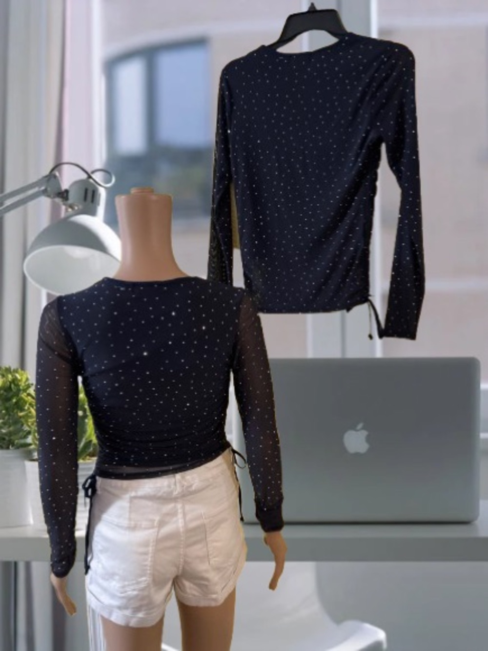 Ruched Navy Blue Long-Sleeve sheer mesh rhinestoneTee - Picture 4 of 6